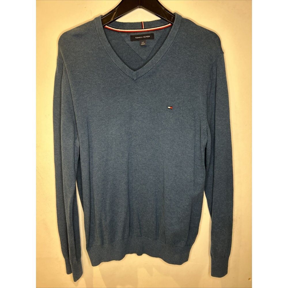 Tommy Hilfiger cotton sweater V-neck men size Large French blue